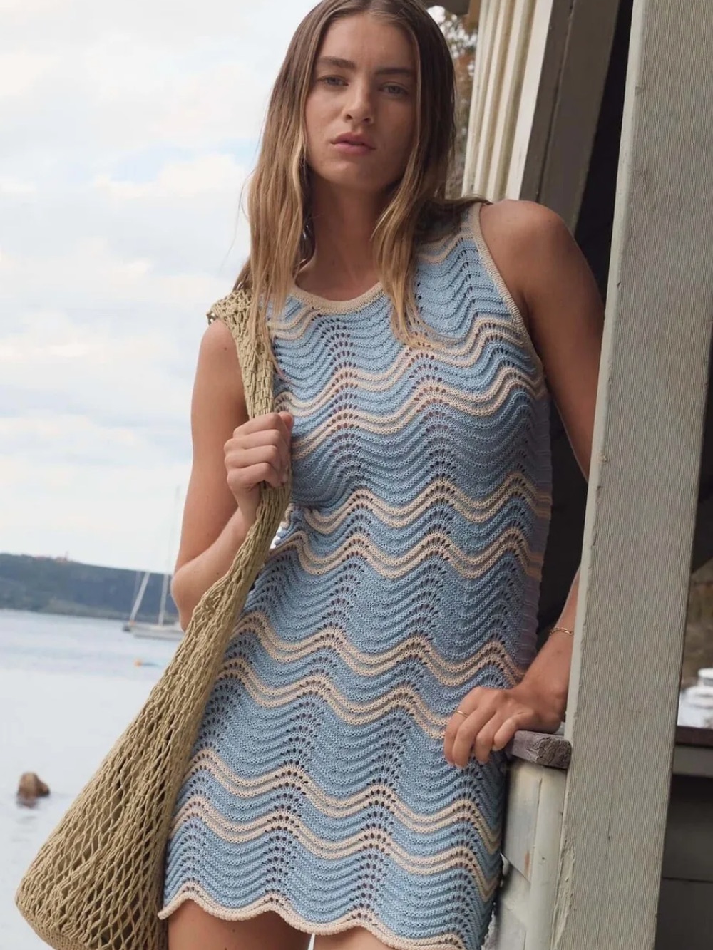 MINKPINK Solange Knit Mini Dress in Sky Blue & Beige